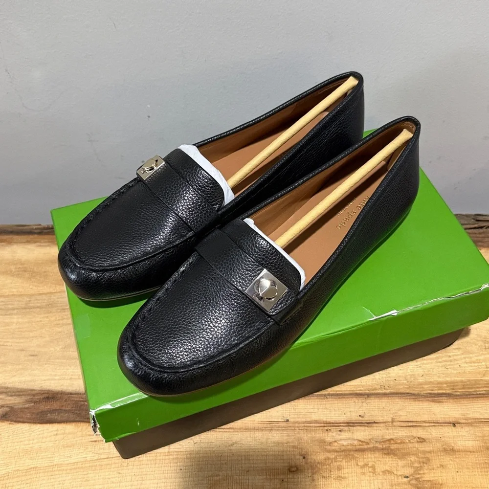 Kate Spade New York‎ Camilla Black Pebbled Leather Loafer Tan Sole sz 9.5B NIB